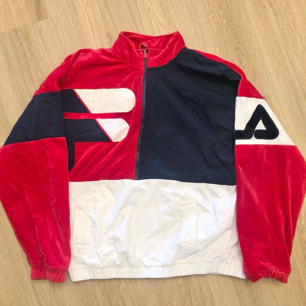 VINTAGE FILA VELOUR TRACK WINDBREAKER ZIP JACKET RED WHITE ADULT UNISEX MENS XL